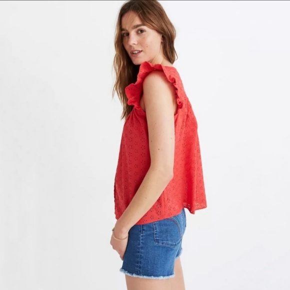 Madewell Eyelet Ruffle Sleeve Bib Top Black Button Down Size Medium - Picture 3 of 12